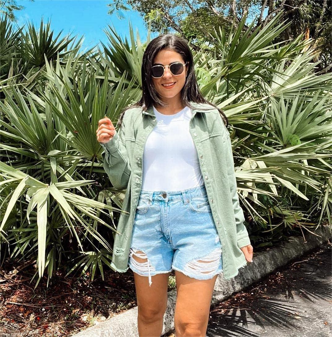 imageLookbookStore Womens Denim Jacket Oversized Button Down Shirts Jean Shacket Distressed Frayed Coat