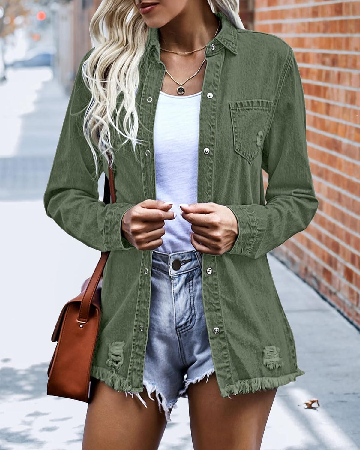 imageLookbookStore Womens Denim Jacket Western Button Up Shirts Distressed Ripped Jean Shacket Frayed Hem