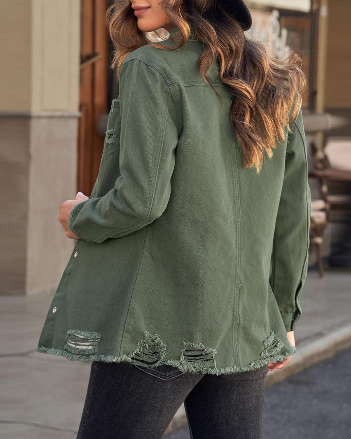 imageLookbookStore Womens Denim Jacket Western Button Up Shirts Distressed Ripped Jean Shacket Frayed Hem