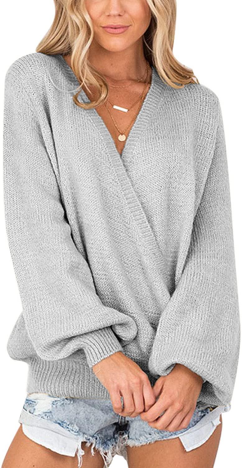 imageLookbookStore Womens Knit Long Sleeve Faux Wrap Surplice V Neck Sweater Top