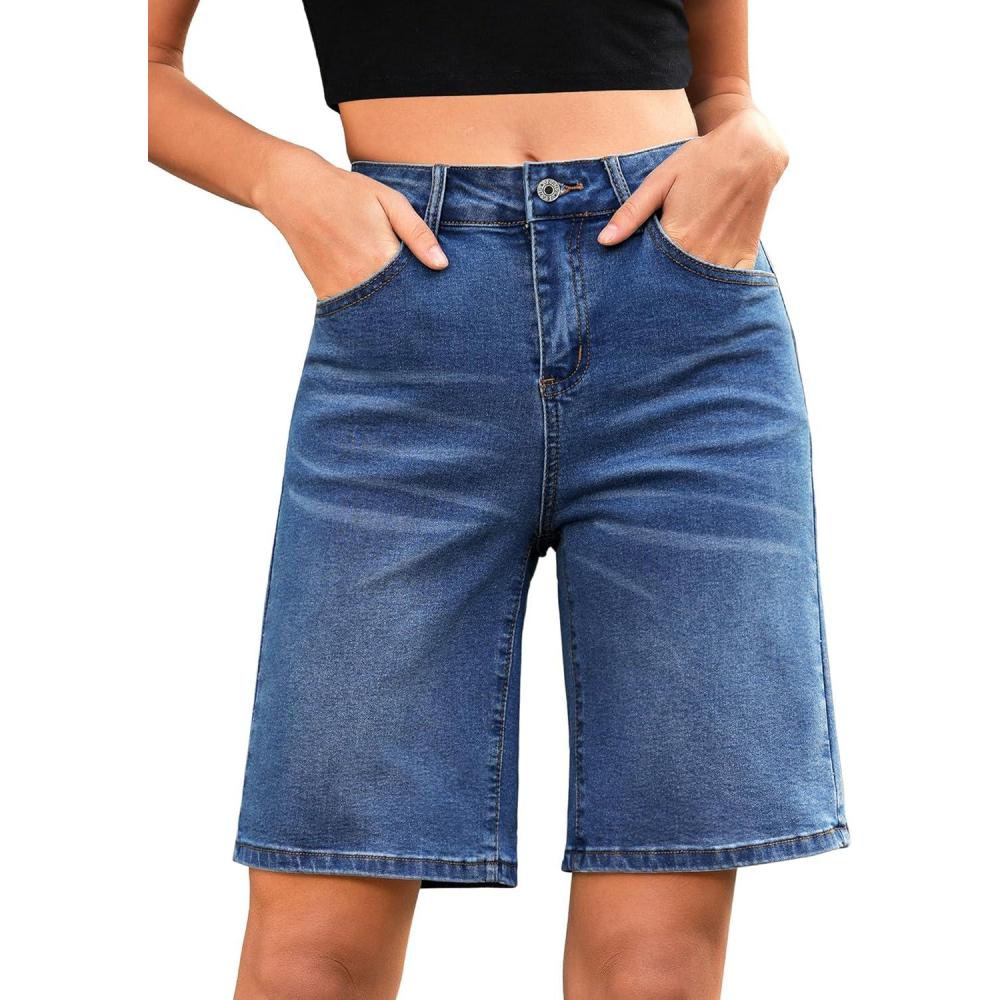 imageLookbookStore Bermuda Shorts for Women High Waisted Classic Casual Long Jean Shorts Stretchy Denim Jorts with PocketsClassic Blue