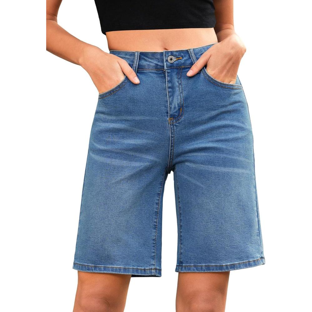 imageLookbookStore Bermuda Shorts for Women High Waisted Classic Casual Long Jean Shorts Stretchy Denim Jorts with PocketsMedium Blue