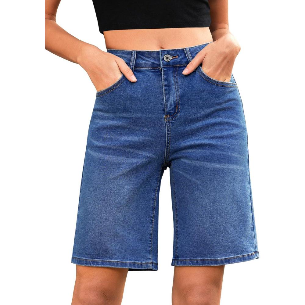 imageLookbookStore Bermuda Shorts for Women High Waisted Classic Casual Long Jean Shorts Stretchy Denim Jorts with PocketsNightfall Blue