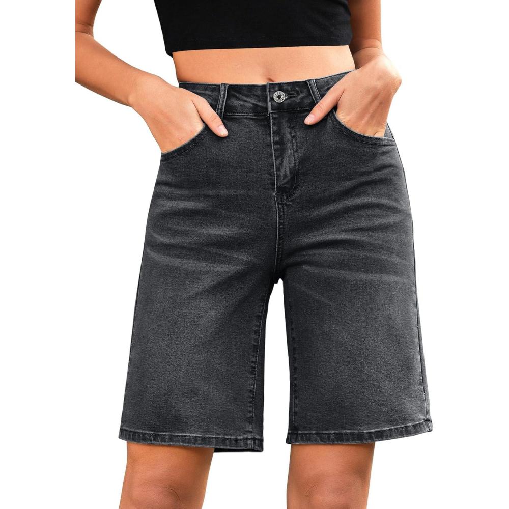 imageLookbookStore Bermuda Shorts for Women High Waisted Classic Casual Long Jean Shorts Stretchy Denim Jorts with PocketsWashed Black