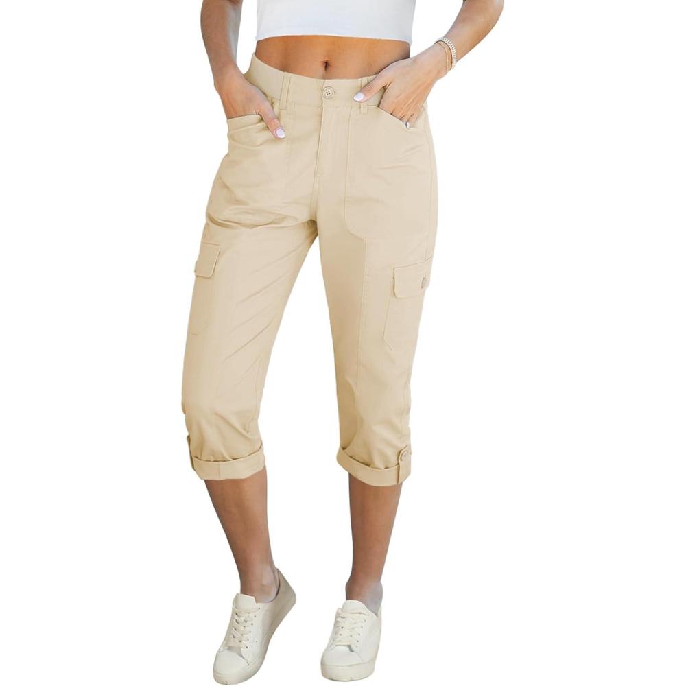 imageLookbookStore Capri Pants for Women High Waisted Cargo Casual Elastic Waist Rolled Hem Summer Capris Pants with PocketsBeige