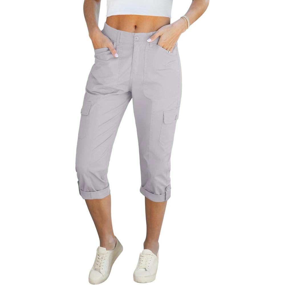 imageLookbookStore Capri Pants for Women High Waisted Cargo Casual Elastic Waist Rolled Hem Summer Capris Pants with PocketsLight Gray