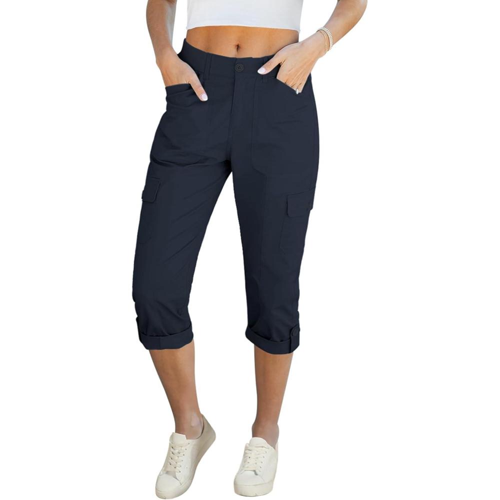 imageLookbookStore Capri Pants for Women High Waisted Cargo Casual Elastic Waist Rolled Hem Summer Capris Pants with PocketsNavy Blue