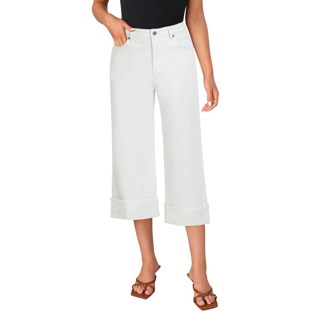 imageLookbookStore Capris Jeans for Women Wide Leg High Waisted Casual Summer Roll Hem Cropped Stretch Denim Jean Capri PantsOffwhite