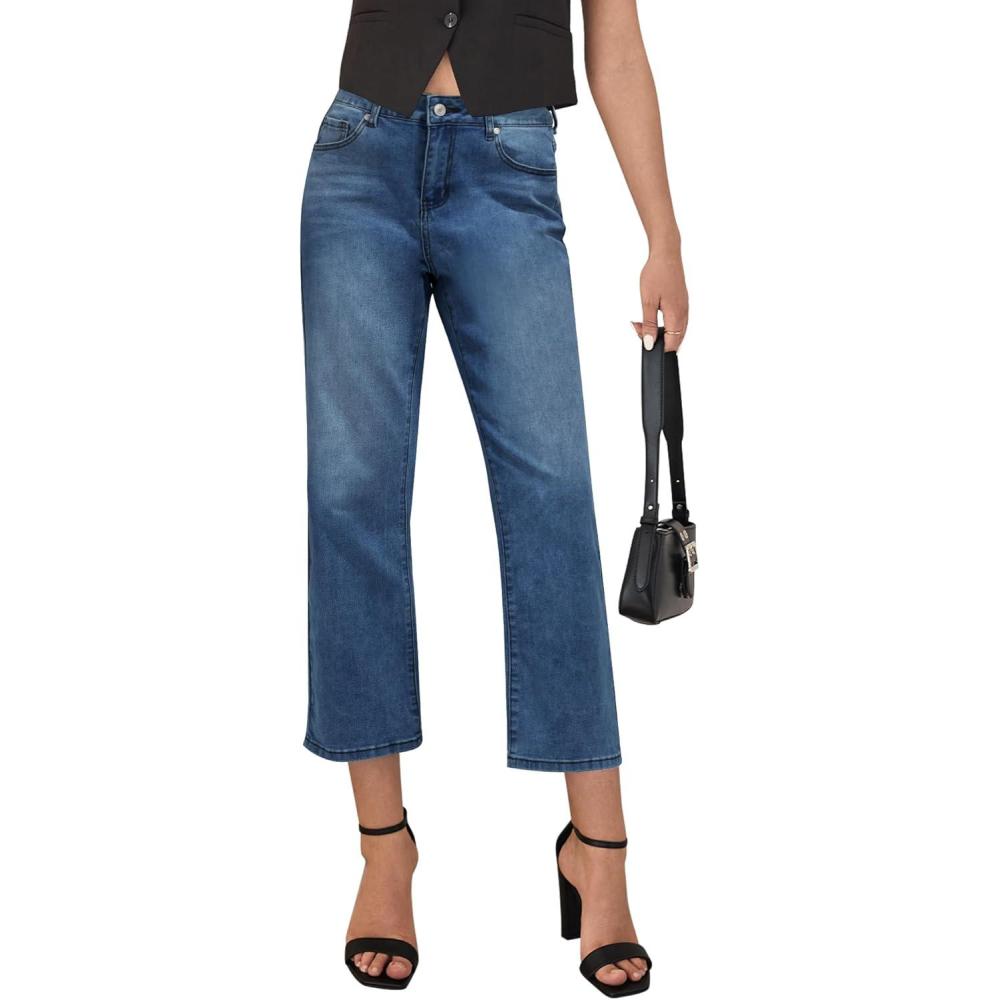imageLookbookStore Cropped Jeans for Women High Waisted 90s Baggy Straight Stretchy Denim Pants Trendy Jeans with PocketsClassic Blue