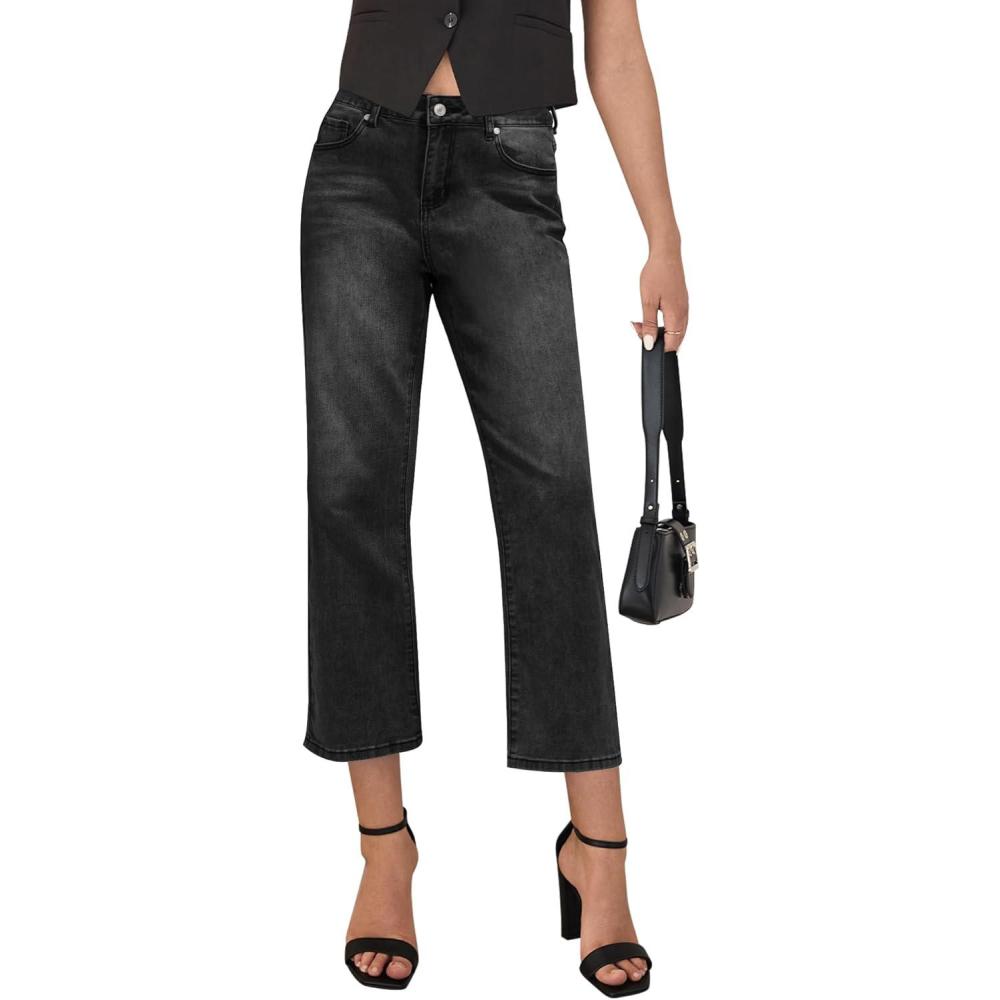 imageLookbookStore Cropped Jeans for Women High Waisted 90s Baggy Straight Stretchy Denim Pants Trendy Jeans with PocketsFaded Black