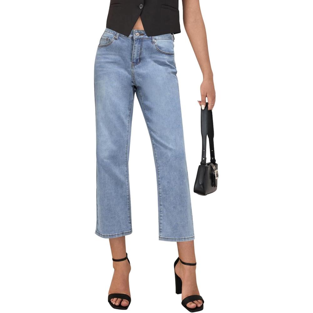 imageLookbookStore Cropped Jeans for Women High Waisted 90s Baggy Straight Stretchy Denim Pants Trendy Jeans with PocketsLakeside Blue
