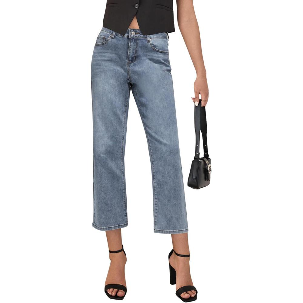 imageLookbookStore Cropped Jeans for Women High Waisted 90s Baggy Straight Stretchy Denim Pants Trendy Jeans with PocketsLapis Blue