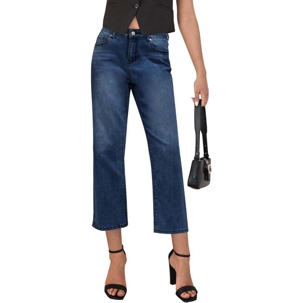 imageLookbookStore Cropped Jeans for Women High Waisted 90s Baggy Straight Stretchy Denim Pants Trendy Jeans with PocketsNightfall Blue