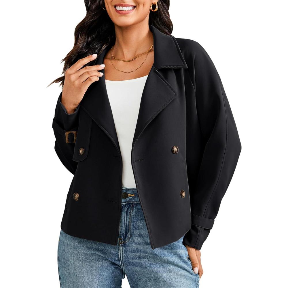 imageLookbookStore Cropped Trench Coat for Women Double Breasted Long Sleeve Work Office Business Casual Fall Short JacketsBlack