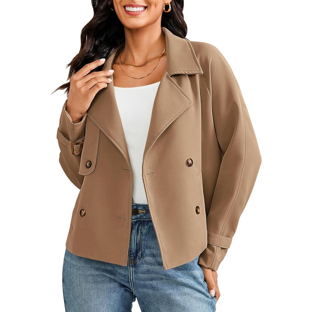 imageLookbookStore Cropped Trench Coat for Women Double Breasted Long Sleeve Work Office Business Casual Fall Short JacketsCamel