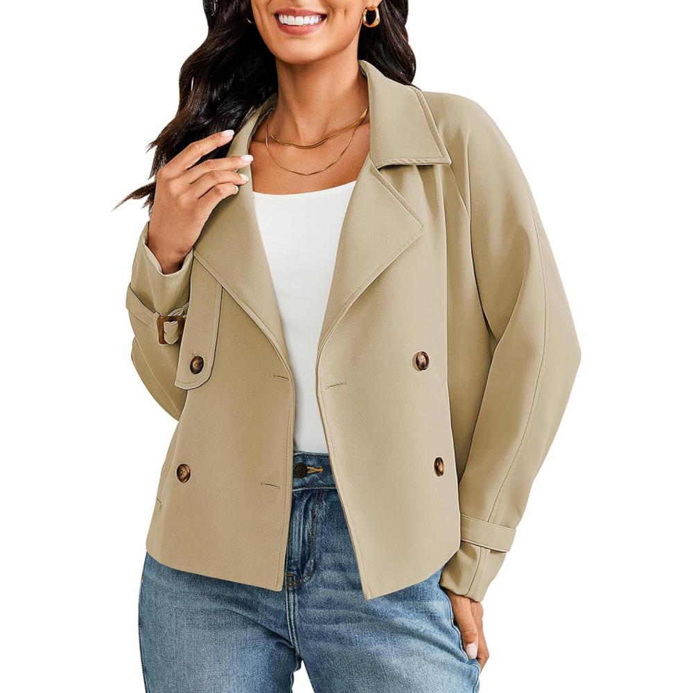 imageLookbookStore Cropped Trench Coat for Women Double Breasted Long Sleeve Work Office Business Casual Fall Short JacketsKhaki
