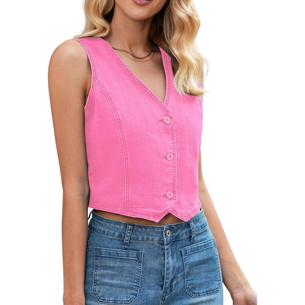 imageLookbookStore Denim Vest for Women Trendy Sleeveless Cropped Stretchy Jean Vests Top Summer Casual Button Wasitcoat TopsAzalea Pink