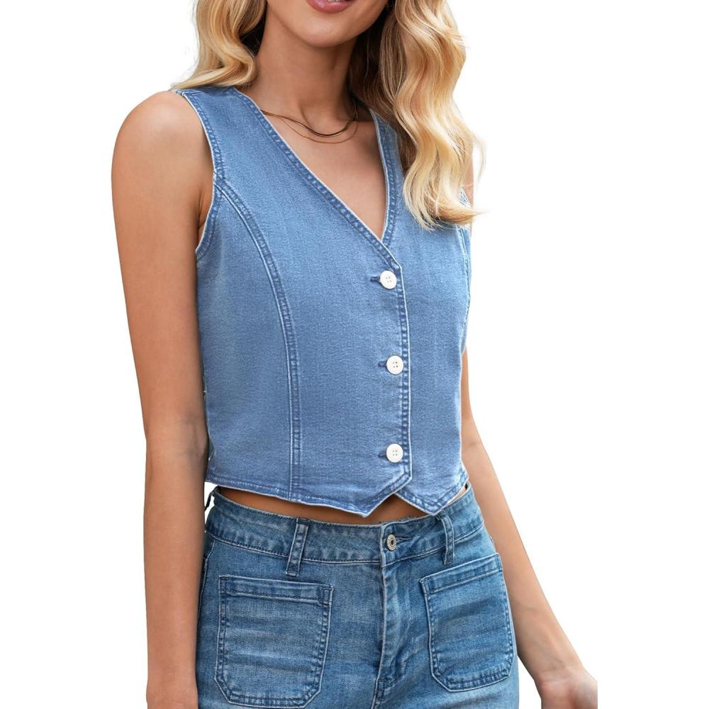 imageLookbookStore Denim Vest for Women Trendy Sleeveless Cropped Stretchy Jean Vests Top Summer Casual Button Wasitcoat TopsMedium Blue