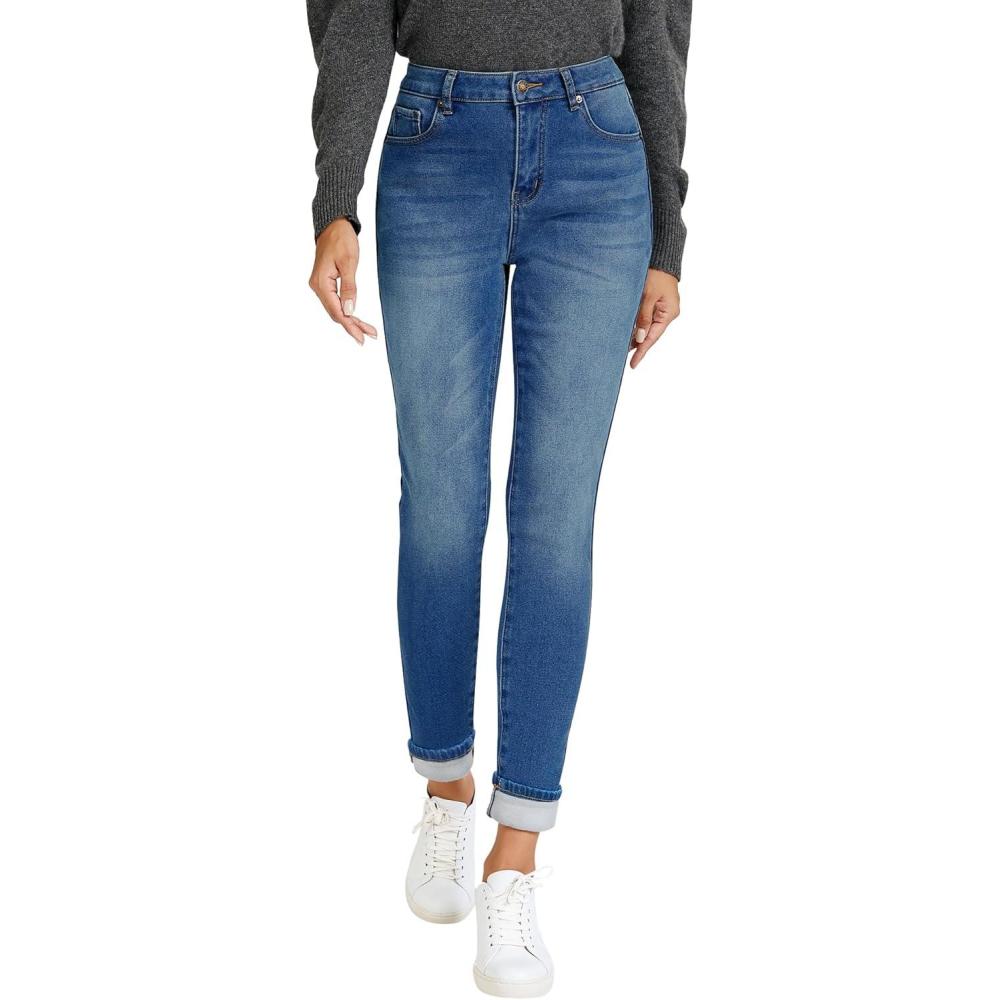imageLookbookStore Fleece Lined Jeans for Women High Waisted Skinny Sherpa Jeans Winter Jeggings Warm Denim Pants TrousersClassic Blue
