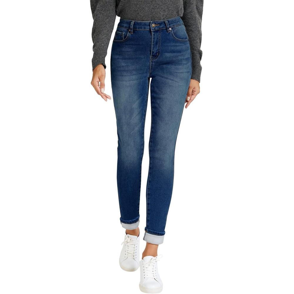 imageLookbookStore Fleece Lined Jeans for Women High Waisted Skinny Sherpa Jeans Winter Jeggings Warm Denim Pants TrousersDarkness Blue