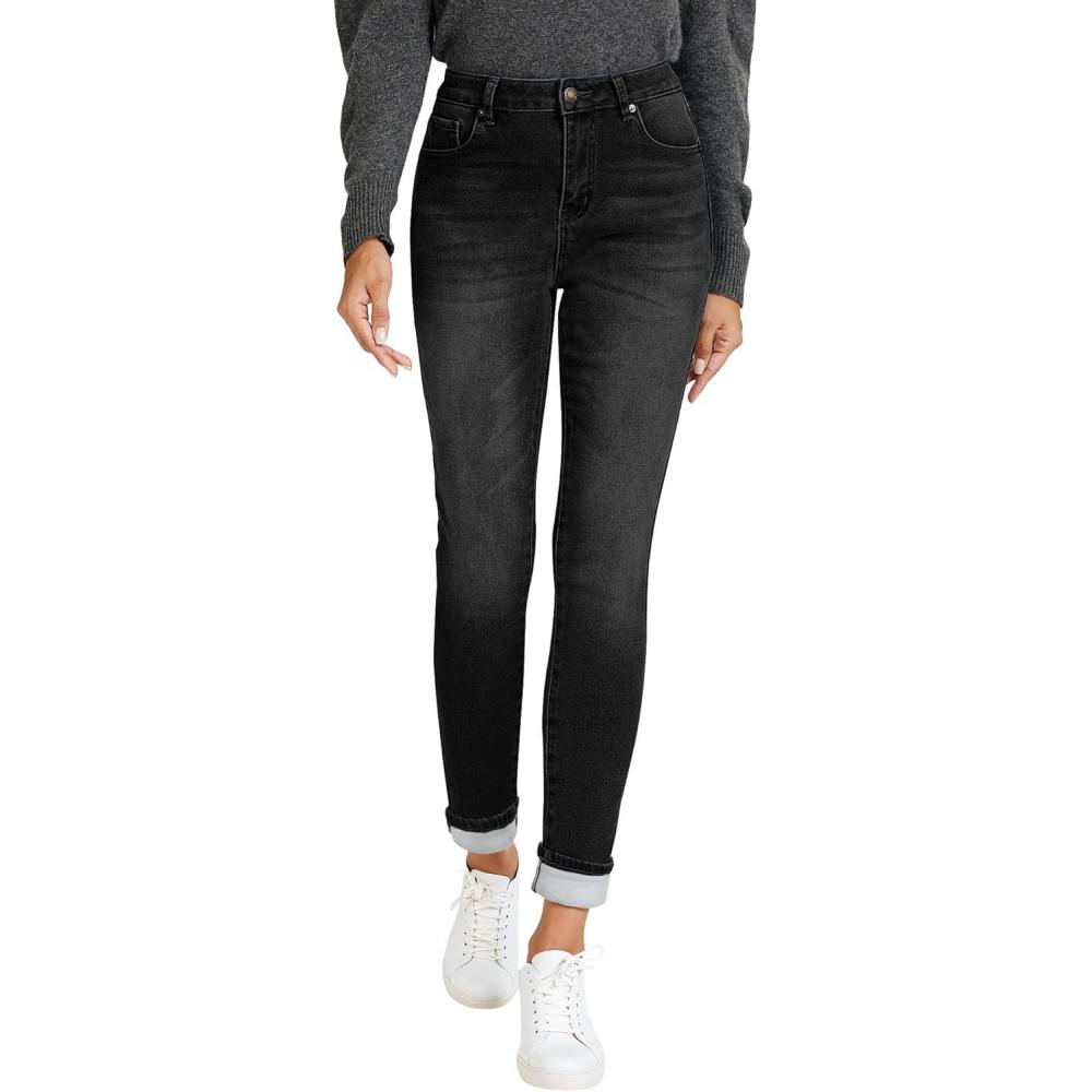 imageLookbookStore Fleece Lined Jeans for Women High Waisted Skinny Sherpa Jeans Winter Jeggings Warm Denim Pants TrousersFaded Black