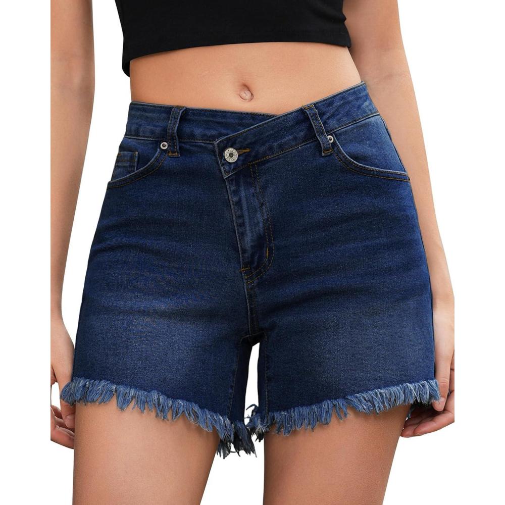 imageLookbookStore Jean Shorts for Women Low Waisted Stretchy Crossover Waist Denim Shorts Raw HemDark Blue