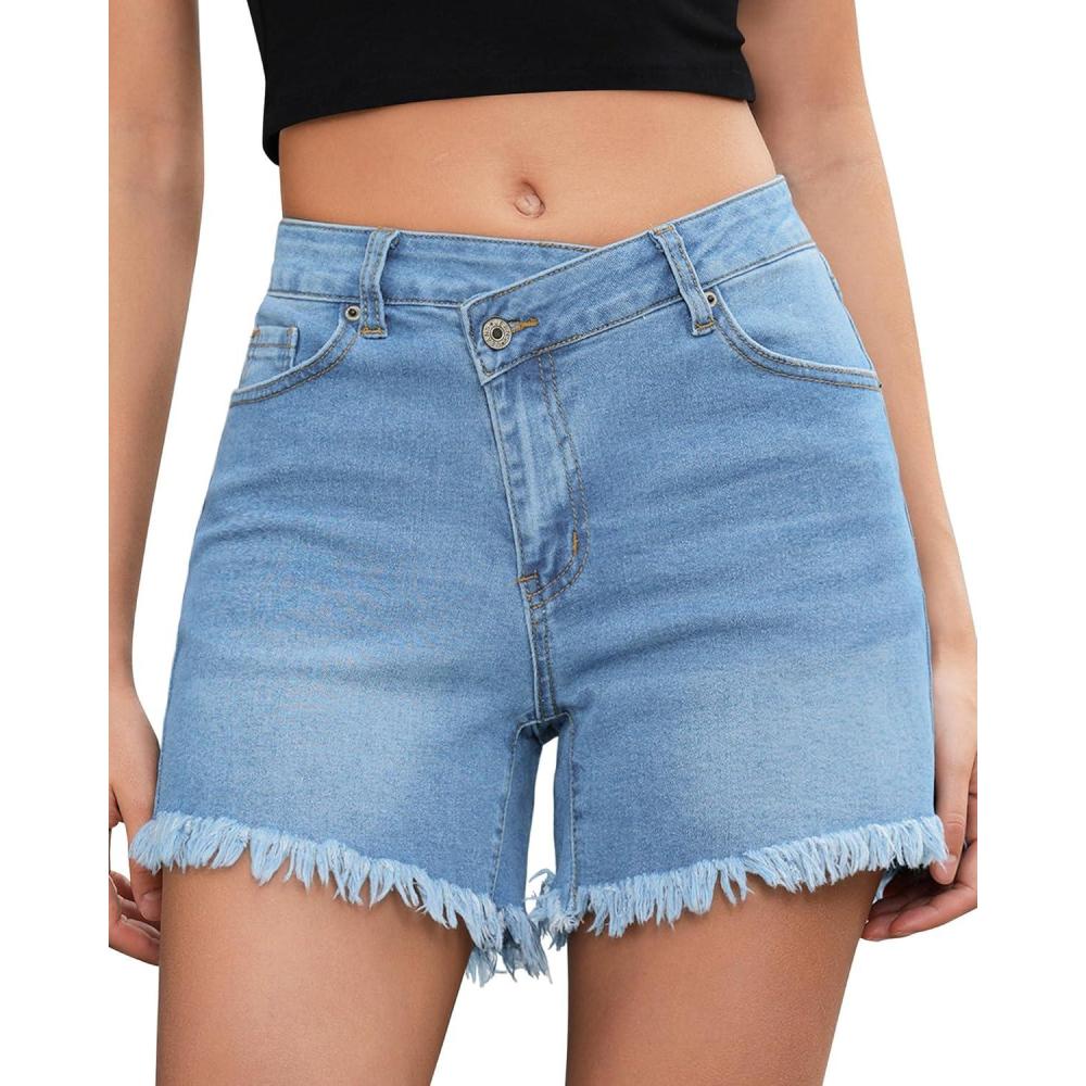 imageLookbookStore Jean Shorts for Women Low Waisted Stretchy Crossover Waist Denim Shorts Raw HemMedium Blue