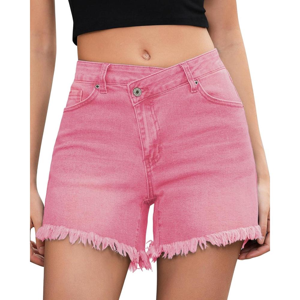 imageLookbookStore Jean Shorts for Women Low Waisted Stretchy Crossover Waist Denim Shorts Raw HemPink Snow Wash