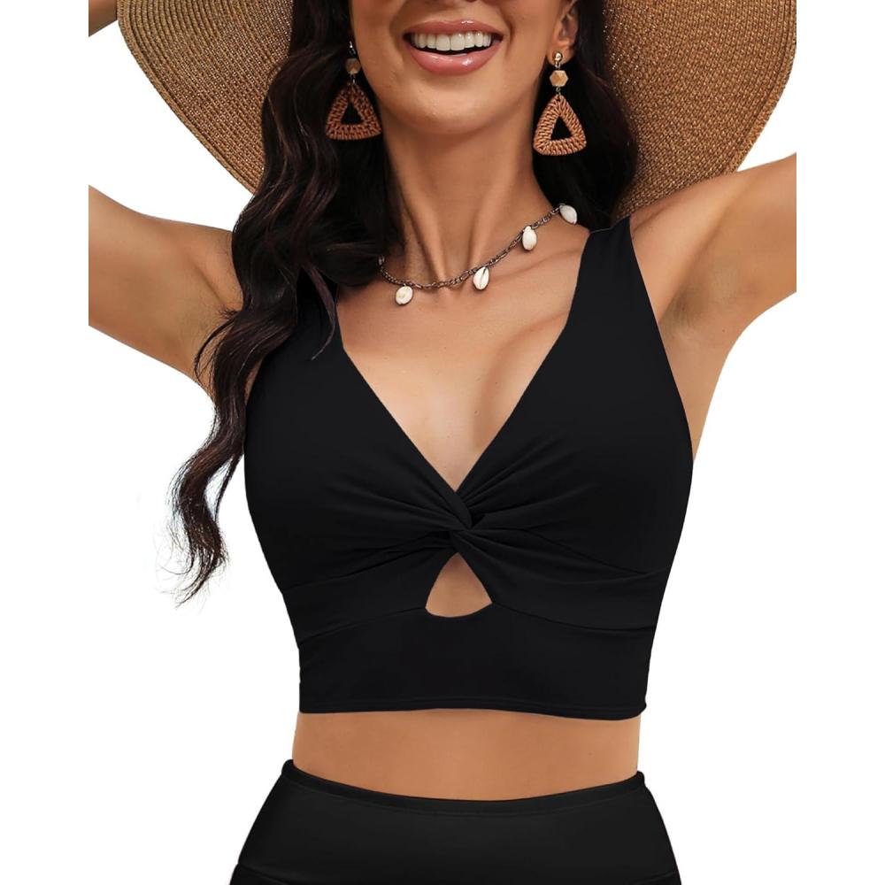 imageLookbookStore Tankini Tops for Women Cut Out Long Bikini Top Twist Knot Padded Adjustable Swimsuit Tops Only Resort WearBlack