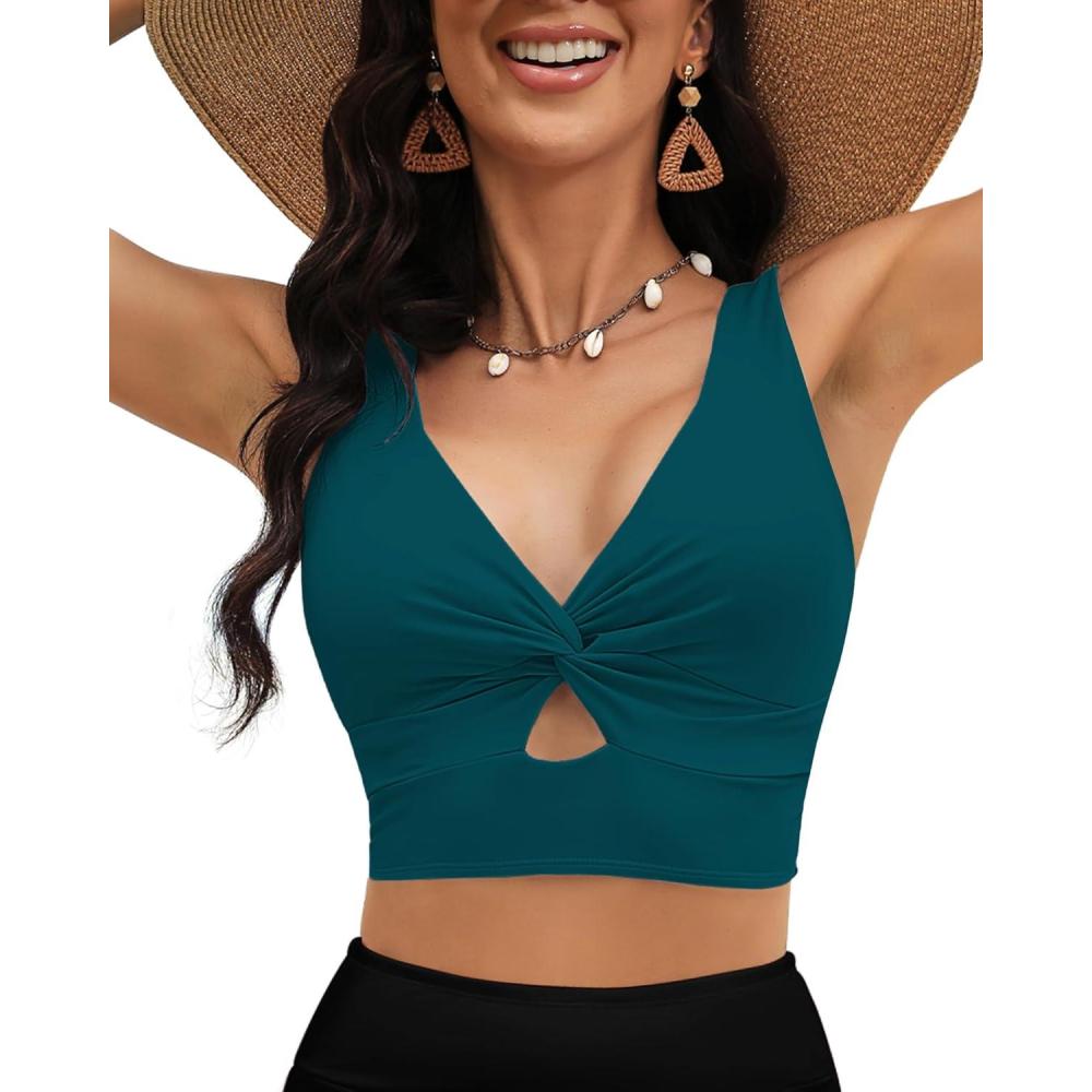 imageLookbookStore Tankini Tops for Women Cut Out Long Bikini Top Twist Knot Padded Adjustable Swimsuit Tops Only Resort WearDark Lake Green