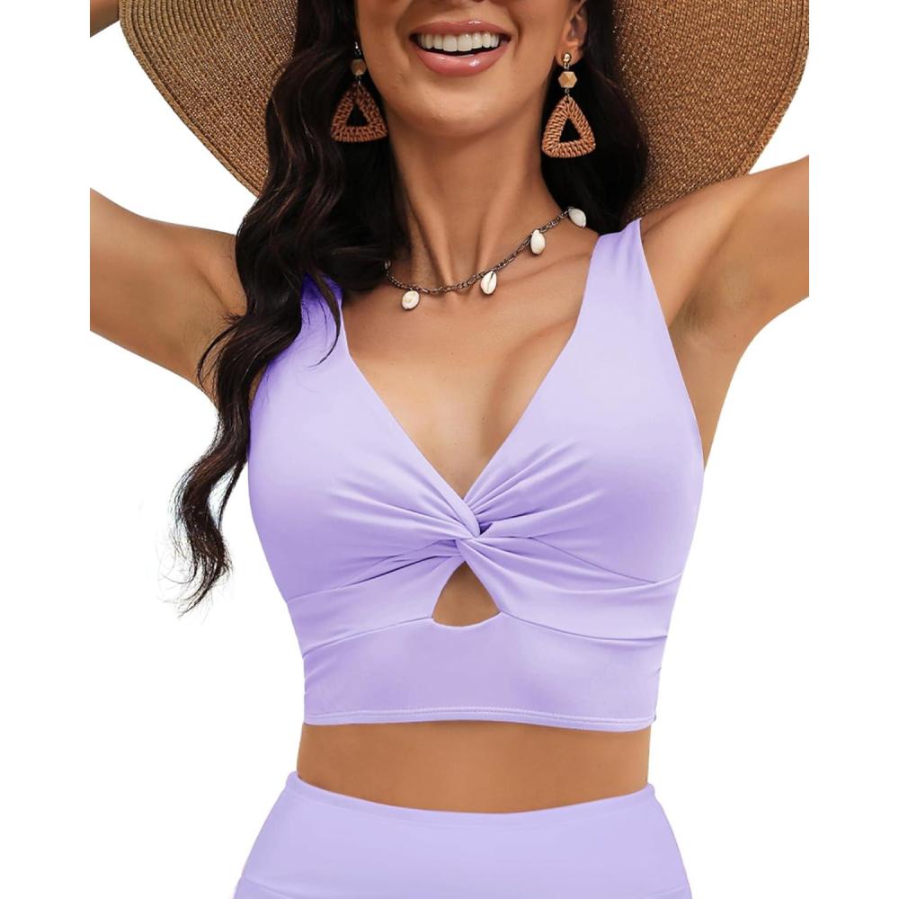 imageLookbookStore Tankini Tops for Women Cut Out Long Bikini Top Twist Knot Padded Adjustable Swimsuit Tops Only Resort WearLavender