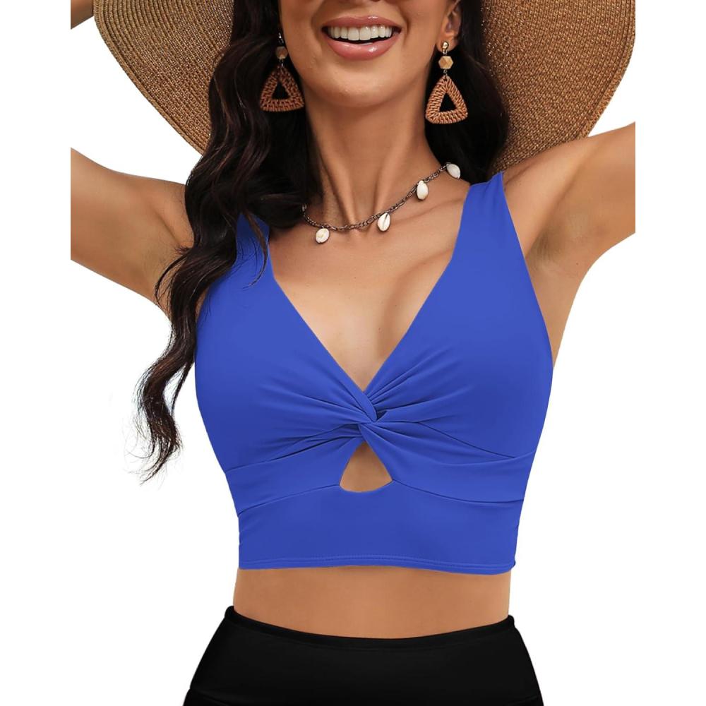 imageLookbookStore Tankini Tops for Women Cut Out Long Bikini Top Twist Knot Padded Adjustable Swimsuit Tops Only Resort WearNautical Blue