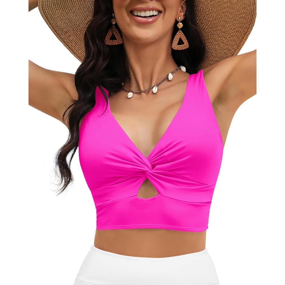 imageLookbookStore Tankini Tops for Women Cut Out Long Bikini Top Twist Knot Padded Adjustable Swimsuit Tops Only Resort WearNeon Pink