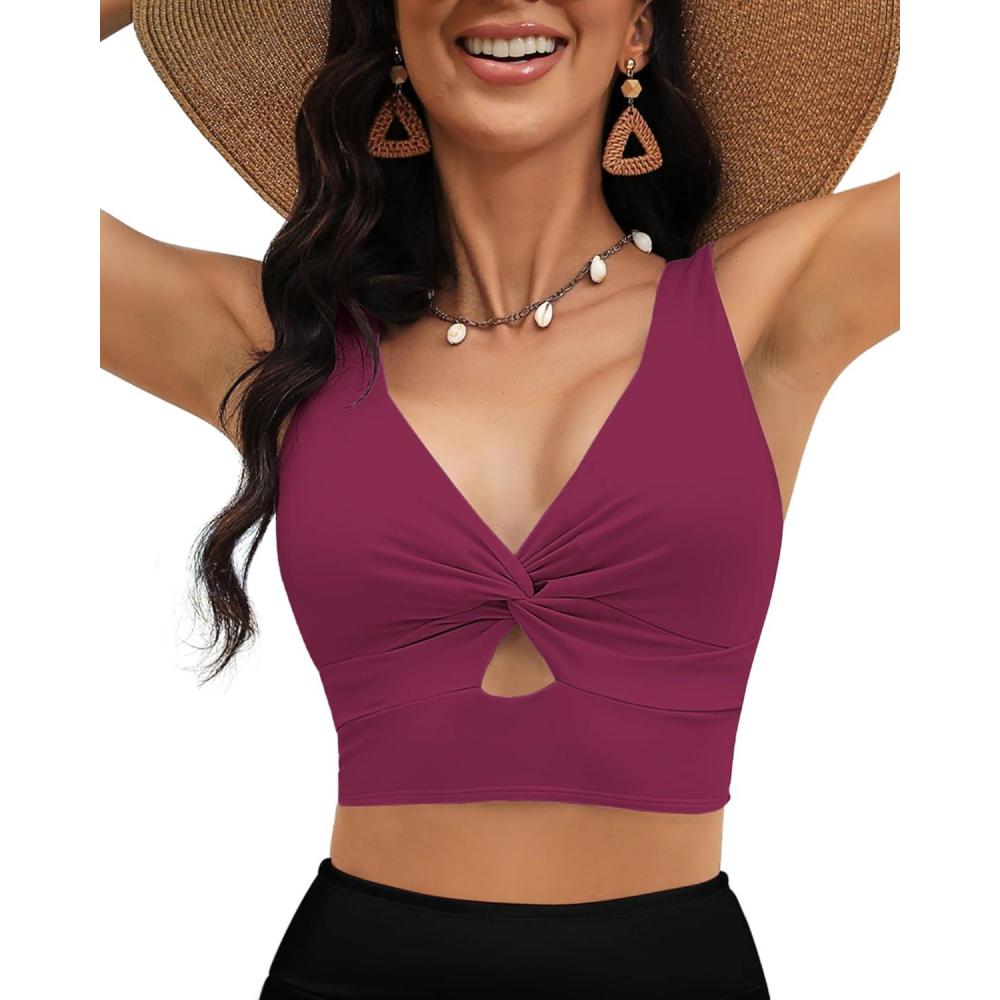 imageLookbookStore Tankini Tops for Women Cut Out Long Bikini Top Twist Knot Padded Adjustable Swimsuit Tops Only Resort WearPlum