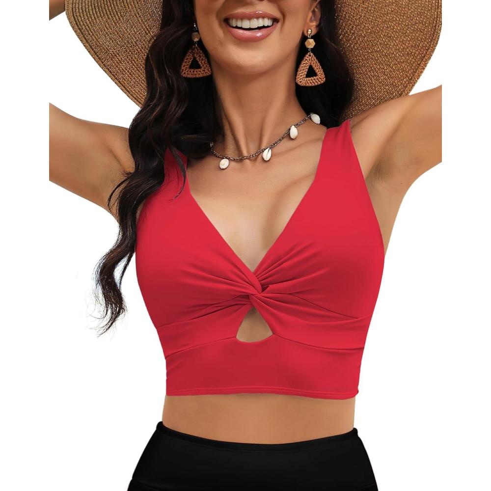 imageLookbookStore Tankini Tops for Women Cut Out Long Bikini Top Twist Knot Padded Adjustable Swimsuit Tops Only Resort WearRed