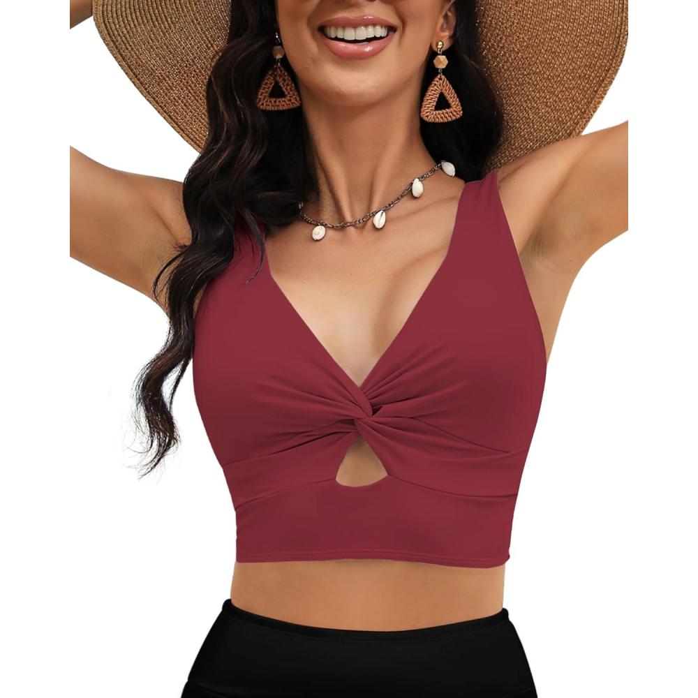 imageLookbookStore Tankini Tops for Women Cut Out Long Bikini Top Twist Knot Padded Adjustable Swimsuit Tops Only Resort WearWine Red