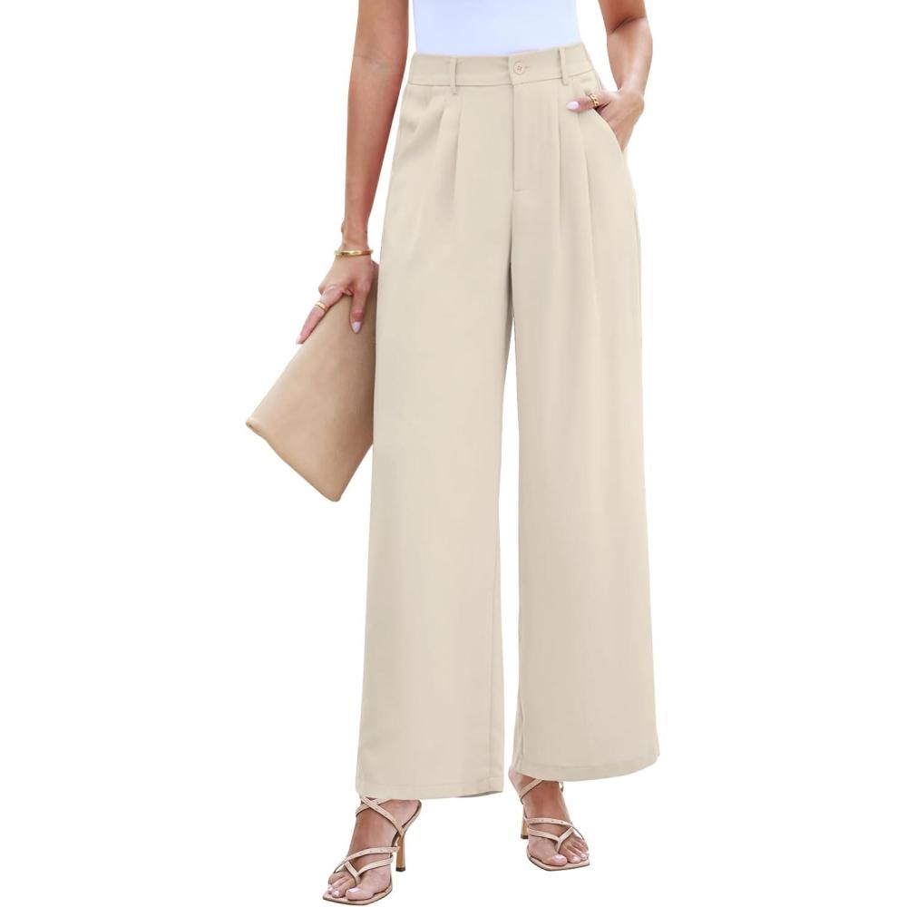 imageLookbookStore Wide Leg Dress Pants Woman High Waisted Business Casual Pleated Trousers Pants Loose Fit Elastic WaistBeige