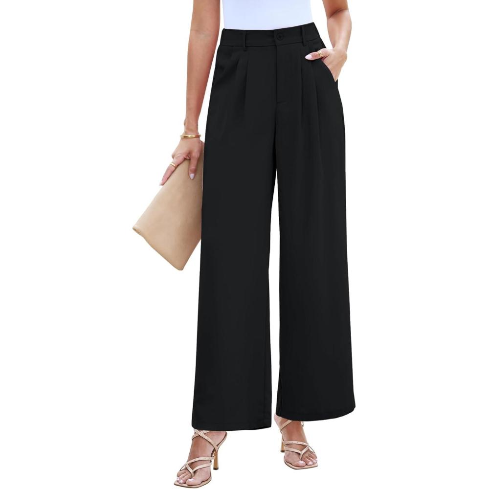 imageLookbookStore Wide Leg Dress Pants Woman High Waisted Business Casual Pleated Trousers Pants Loose Fit Elastic WaistBlack