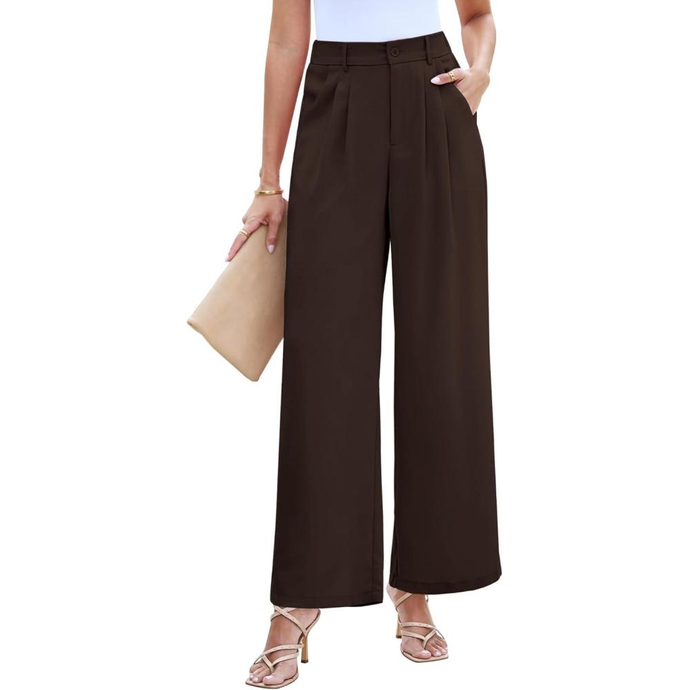 imageLookbookStore Wide Leg Dress Pants Woman High Waisted Business Casual Pleated Trousers Pants Loose Fit Elastic WaistChocolate Brown