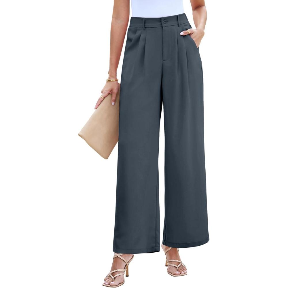 imageLookbookStore Wide Leg Dress Pants Woman High Waisted Business Casual Pleated Trousers Pants Loose Fit Elastic WaistFolkstone Gray
