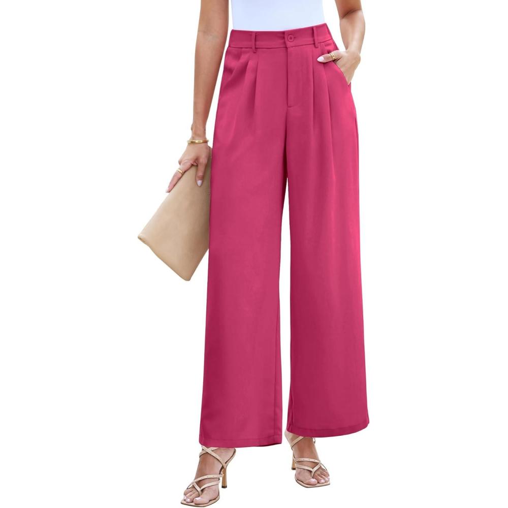imageLookbookStore Wide Leg Dress Pants Woman High Waisted Business Casual Pleated Trousers Pants Loose Fit Elastic WaistMagenta