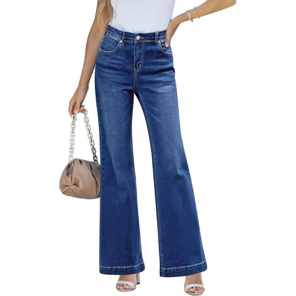 imageLookbookStore Wide Leg Jeans Woman 2025 Flare High Waist Baggy Jeans for Women Stretchy Denim PantsDark Blue