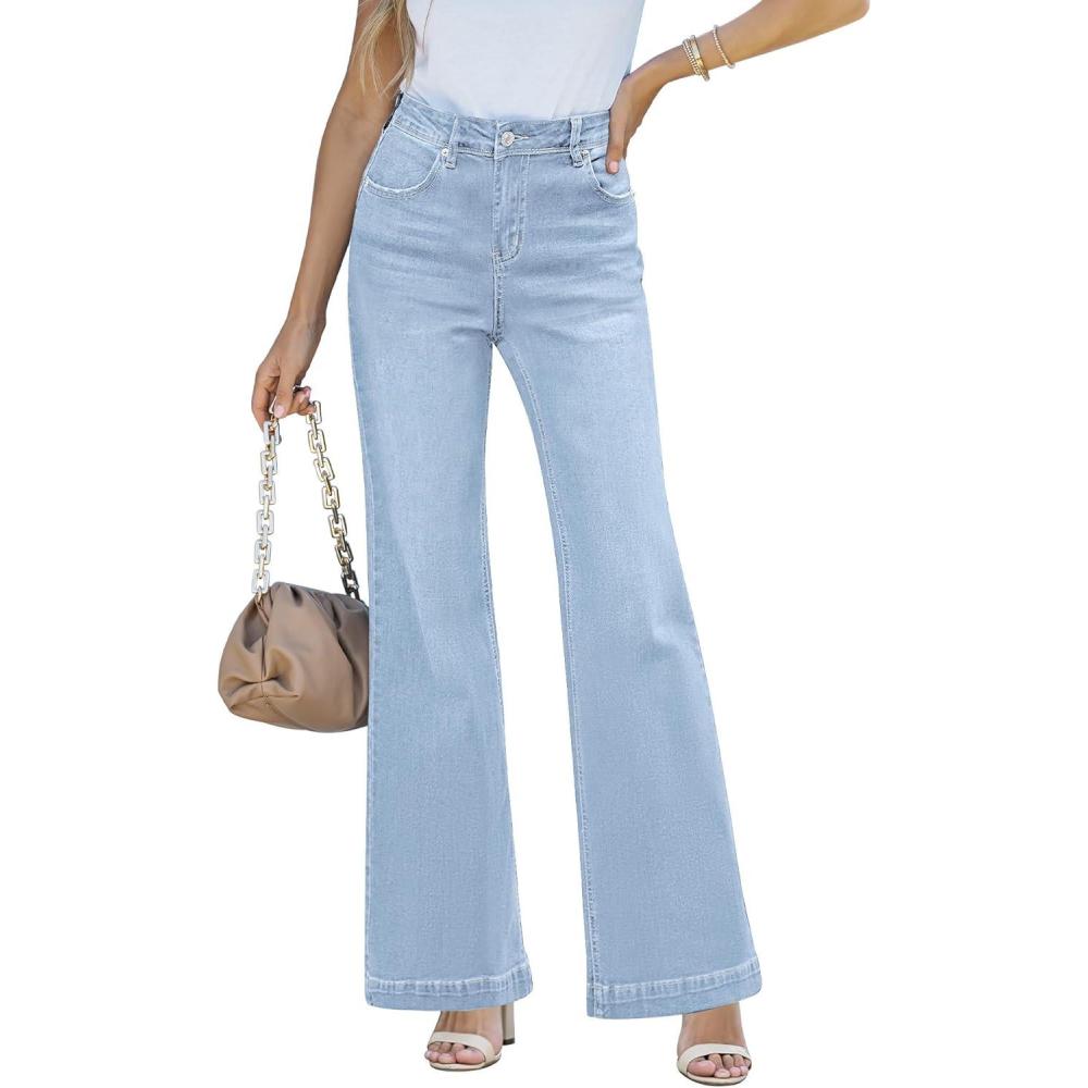 imageLookbookStore Wide Leg Jeans Woman 2025 Flare High Waist Baggy Jeans for Women Stretchy Denim PantsIce Blue