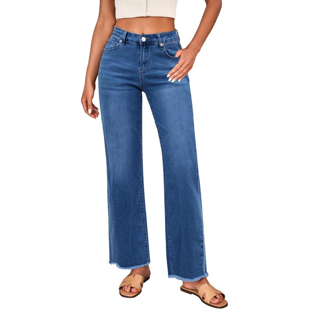 imageLookbookStore Wide Leg Jeans for Women Trendy High Waisted Straight Leg Frayed Hem Baggy Stretchy Denim Trousers PantsClassic Blue