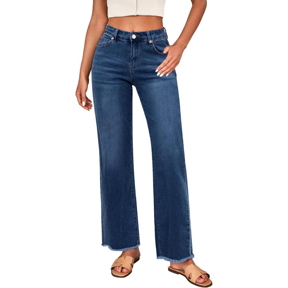 imageLookbookStore Wide Leg Jeans for Women Trendy High Waisted Straight Leg Frayed Hem Baggy Stretchy Denim Trousers PantsDark Blue
