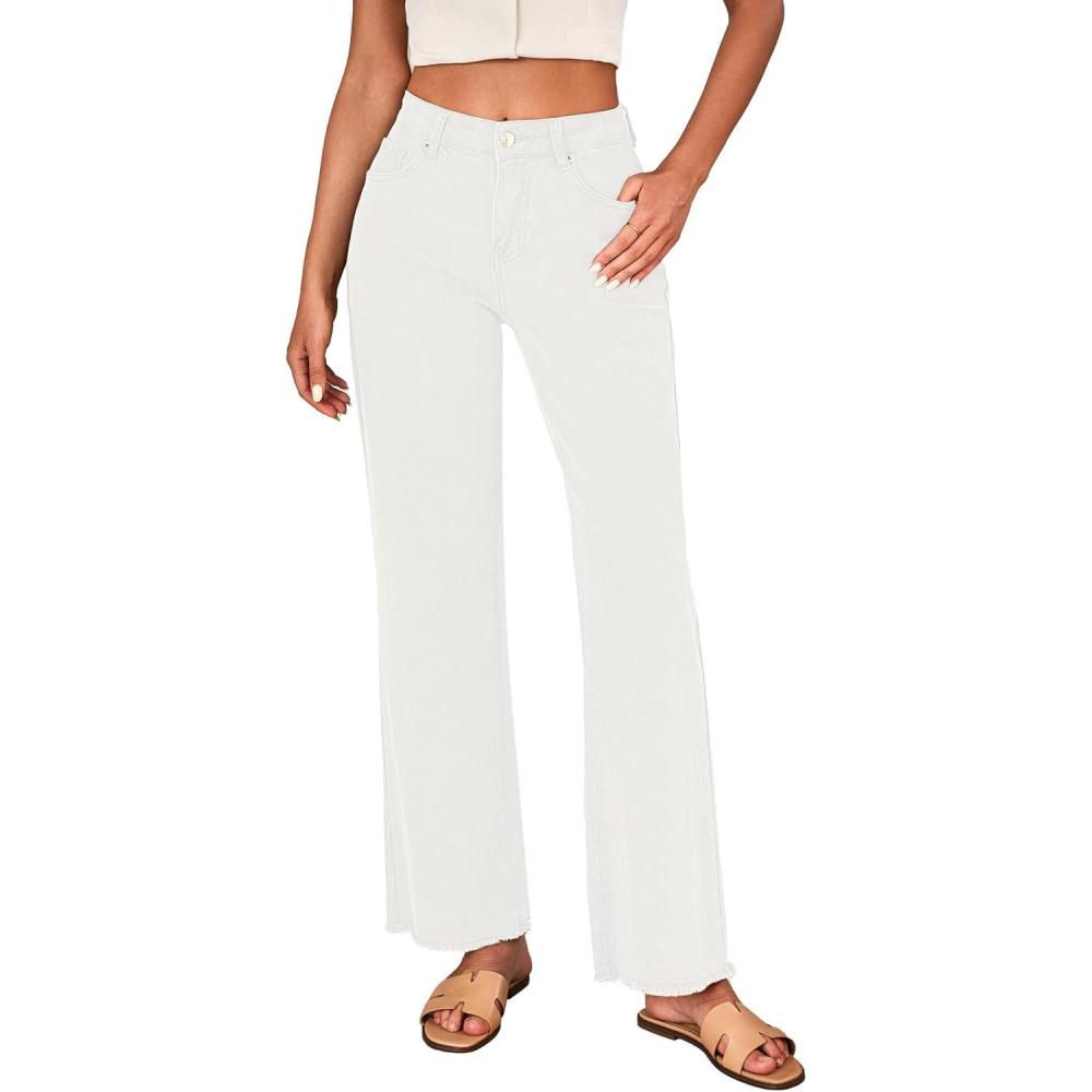 imageLookbookStore Wide Leg Jeans for Women Trendy High Waisted Straight Leg Frayed Hem Baggy Stretchy Denim Trousers PantsOffwhite