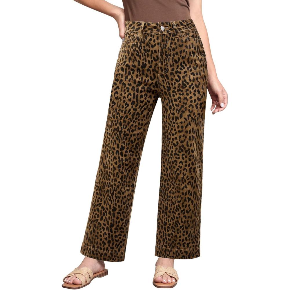 imageLookbookStore Wide Leg Jeans for Women Trendy High Waisted Stretchy Cheetah Leopard Pants Ankle Length Trouser JeansBrown Cheetah