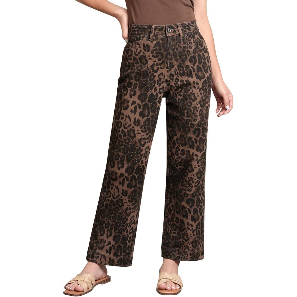 imageLookbookStore Wide Leg Jeans for Women Trendy High Waisted Stretchy Cheetah Leopard Pants Ankle Length Trouser JeansBrown Leopard