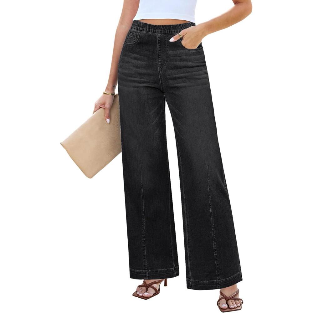 imageLookbookStore Wide Leg Jeans for Women Trendy High Waisted Trousers Stretchy Baggy Denim PantsBlack