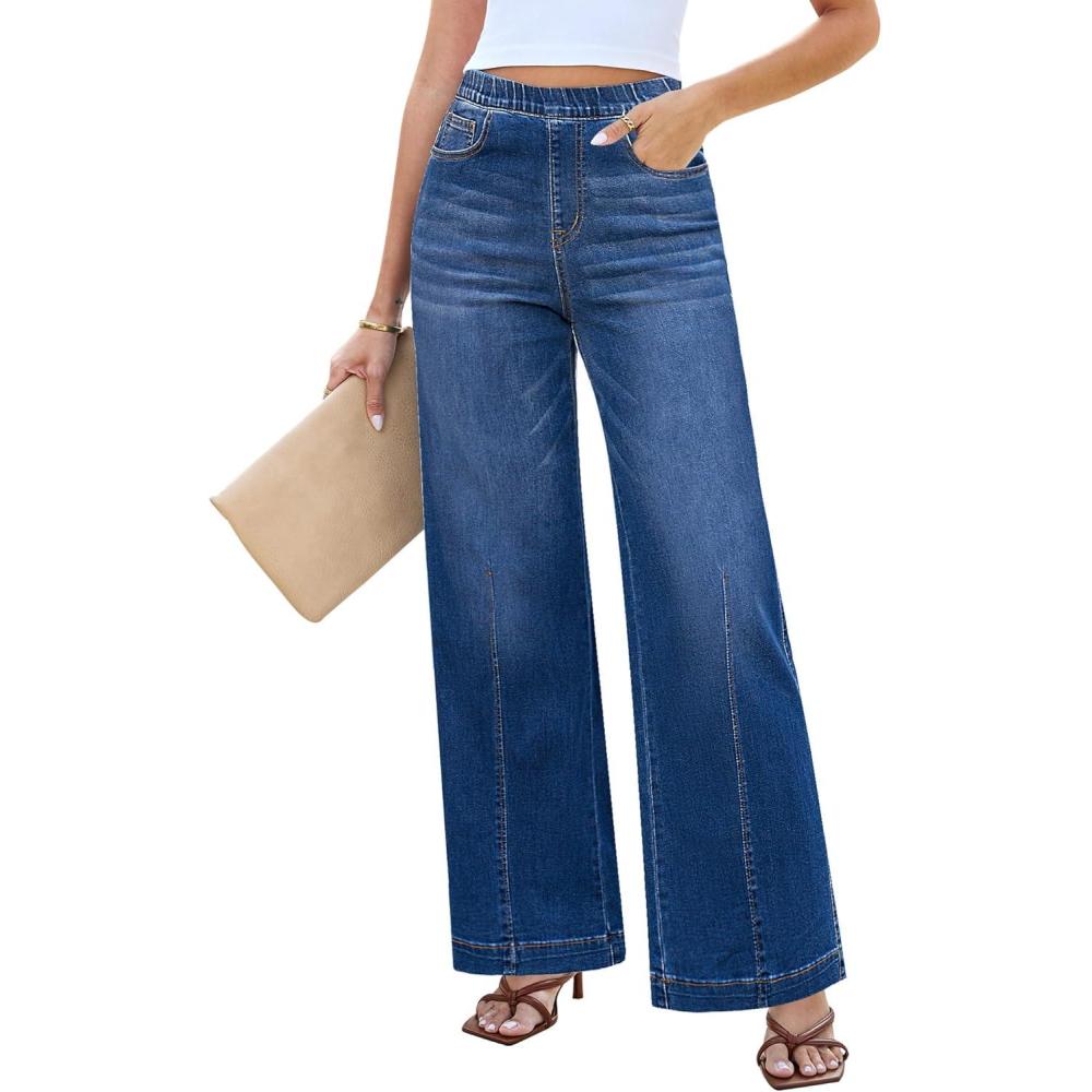 imageLookbookStore Wide Leg Jeans for Women Trendy High Waisted Trousers Stretchy Baggy Denim PantsDarkness Blue